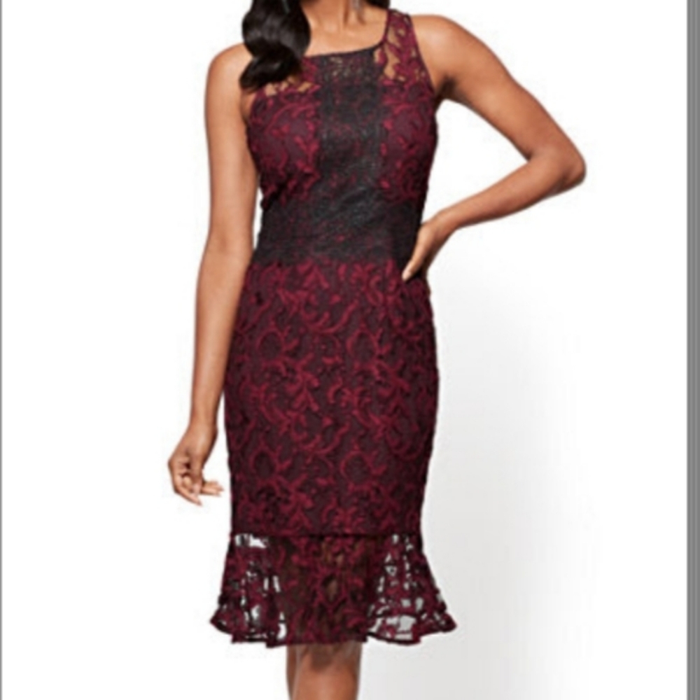 NY&Co Lace Flounce Dress in True Burgundy